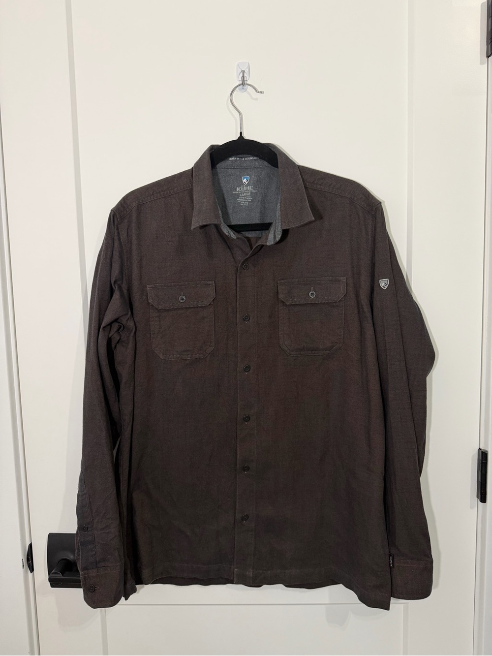 Kuhl Dillingr Flannel Shirt Men's L Brown Button Up Long Sleeve Outdoor Camping